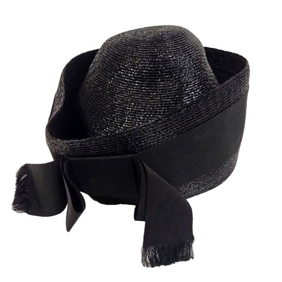 Mr. John Accessories - Mr John Jr Vintage Straw Pillbox Hat Black w Bow Union Made Fancy Church Formal